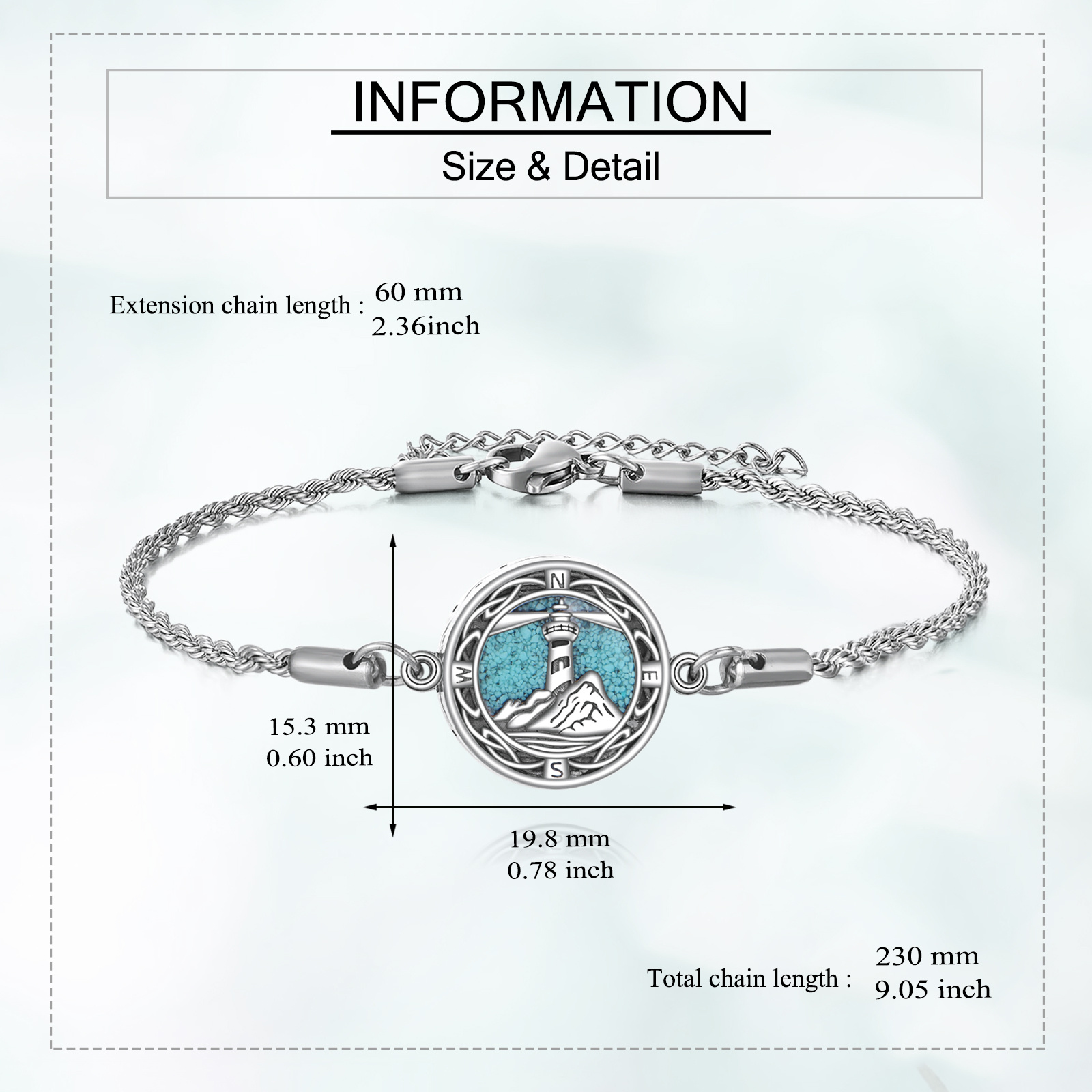 925 Sterling Silver Lighthouse Urn Bracelet with Synthetic Turquoise